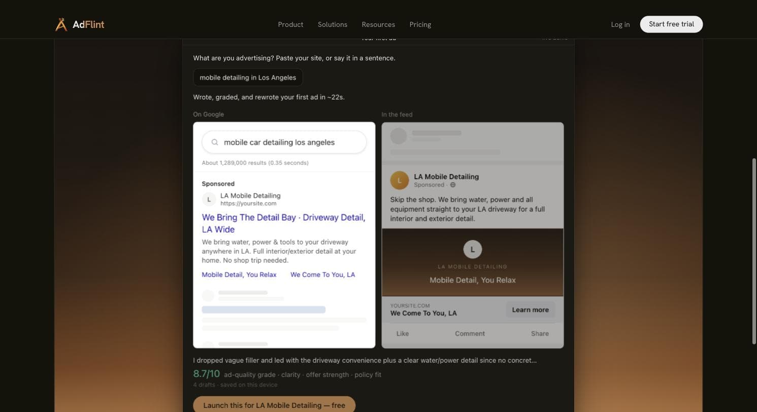 AdFlint's live demo output showing a generated Google search ad and Meta feed preview with a self-assigned quality grade