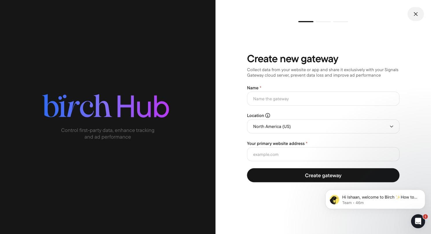 Birch Hub screen for creating a Signals Gateway to collect first-party website data and improve ad tracking