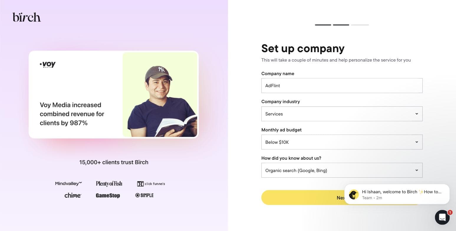 Birch Set up company onboarding screen with company name, industry, monthly ad budget and source fields filled in