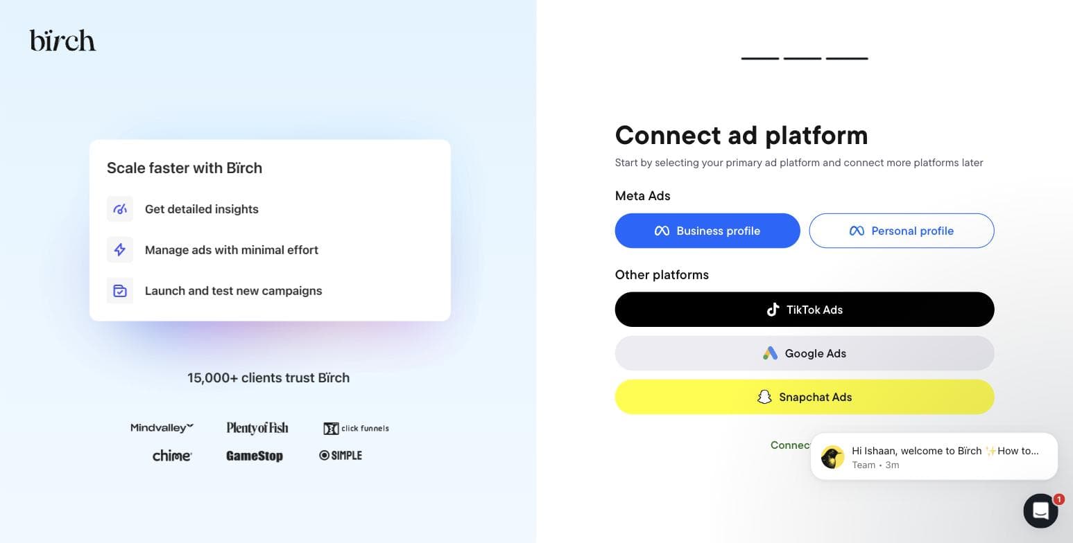 Birch Connect ad platform onboarding screen offering Meta Ads business or personal profile, TikTok, Google Ads and Snapchat