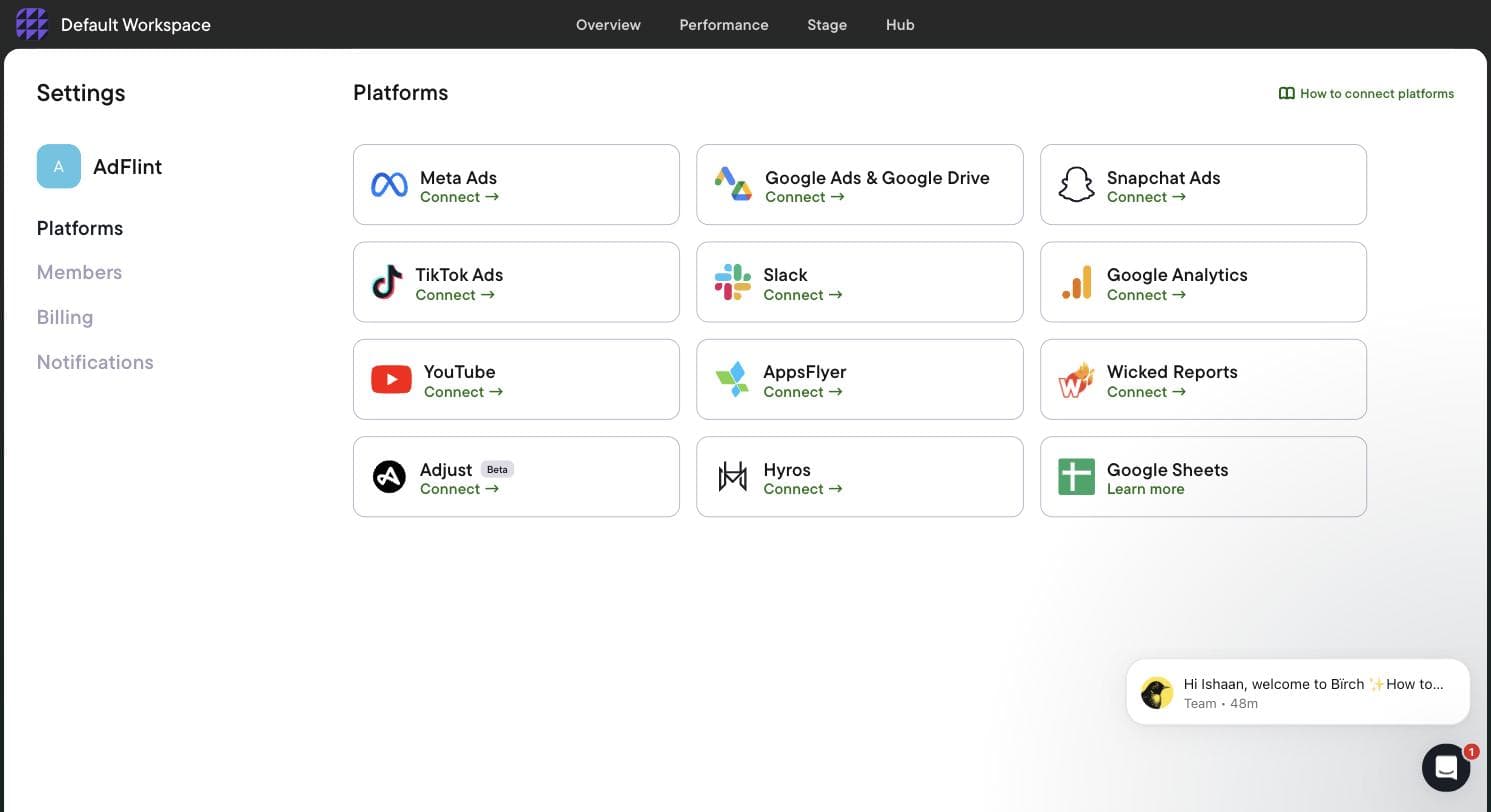 Birch Settings Platforms screen listing twelve integrations including Meta, TikTok, Snapchat, AppsFlyer, Adjust, Hyros and Wicked Reports
