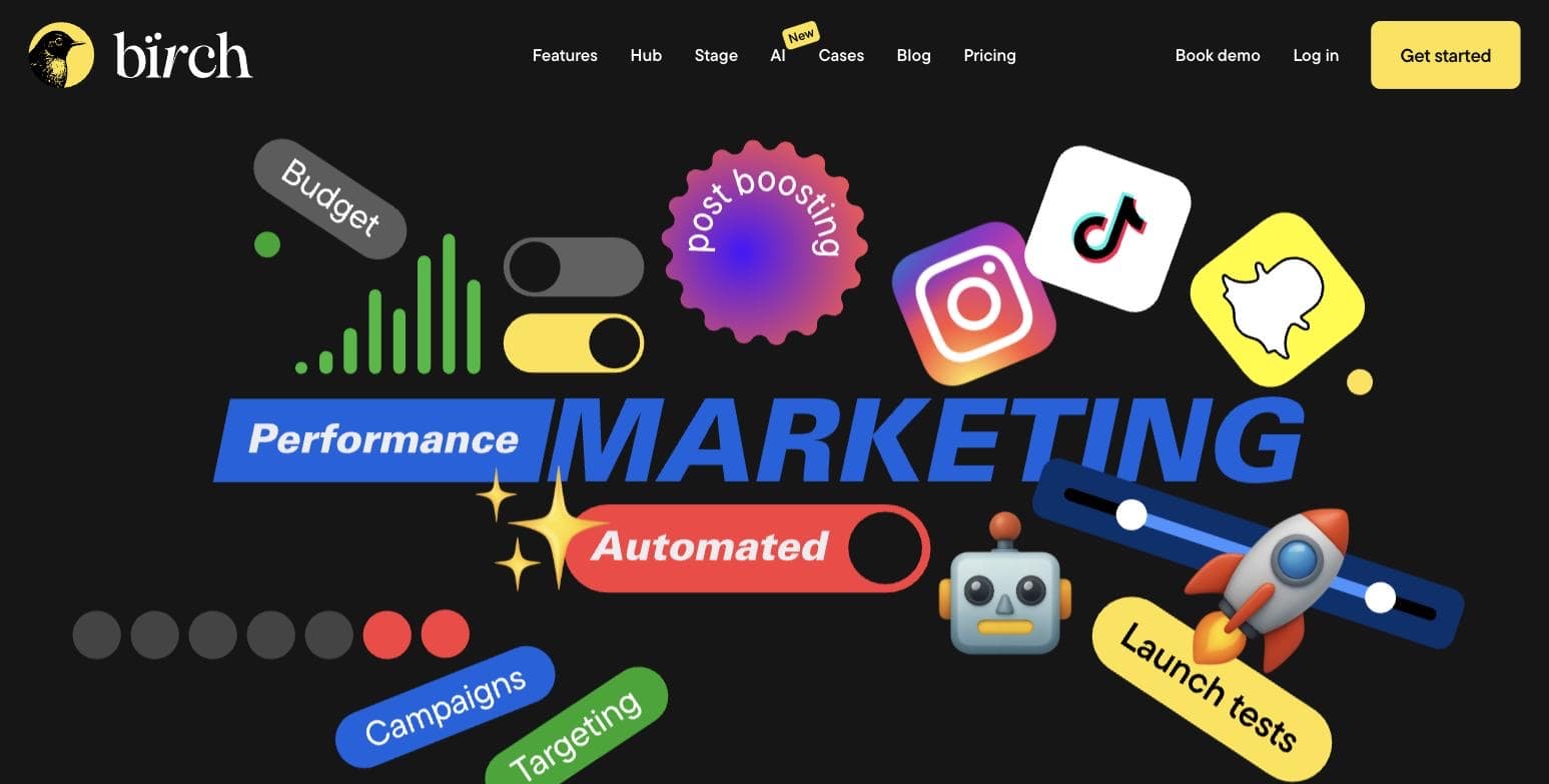Birch (formerly Revealbot) public homepage showing its automated performance marketing positioning