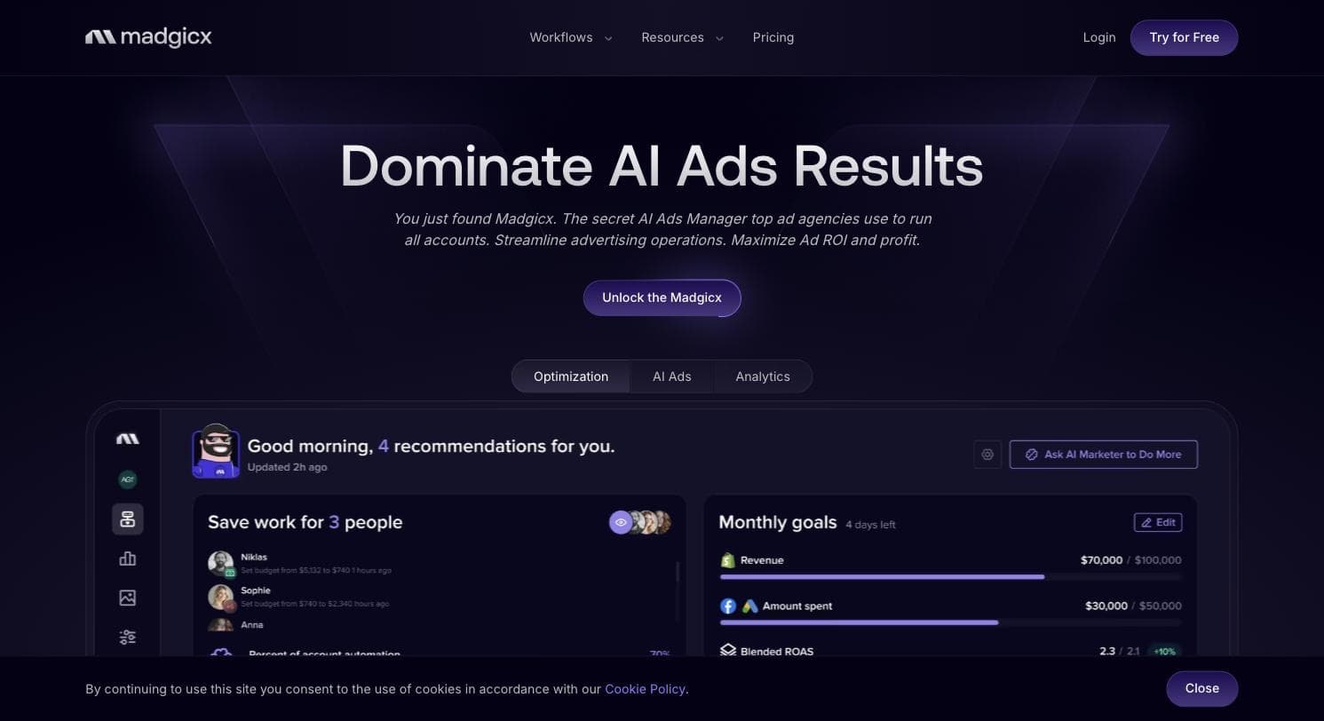 Madgicx public homepage showing its AI ads manager product interface