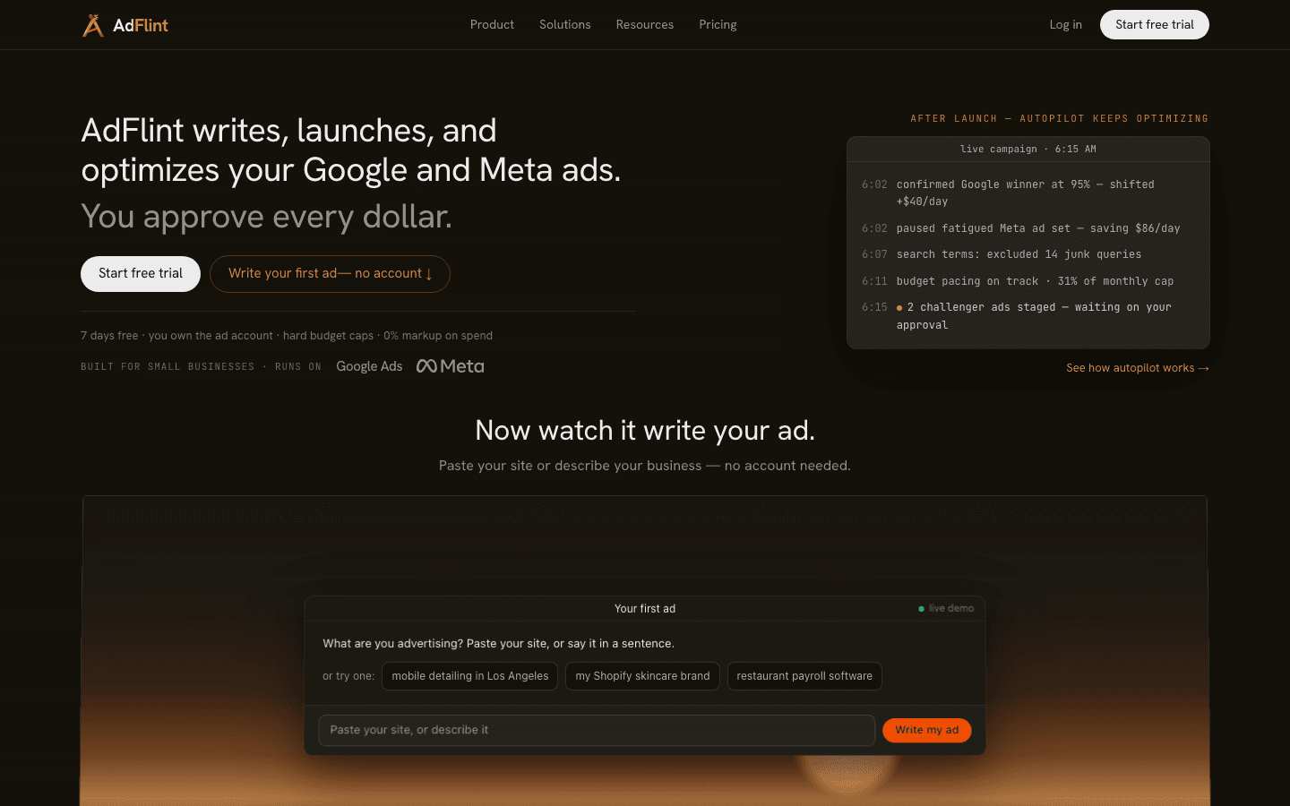 AdFlint homepage showing the autopilot activity log and the live first-ad builder demo