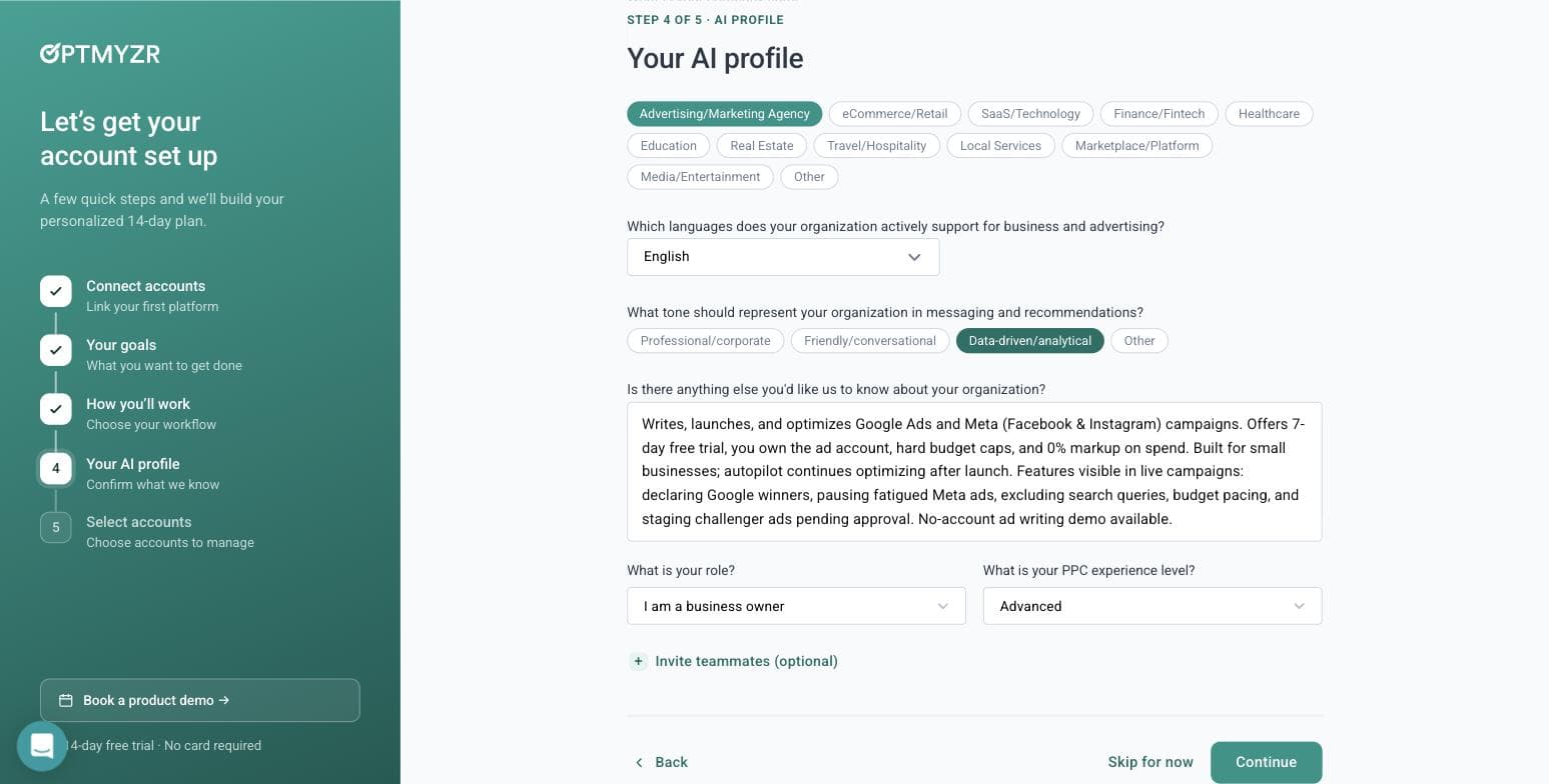Optmyzr AI profile step filled in automatically from a website URL, with an accurate generated company description