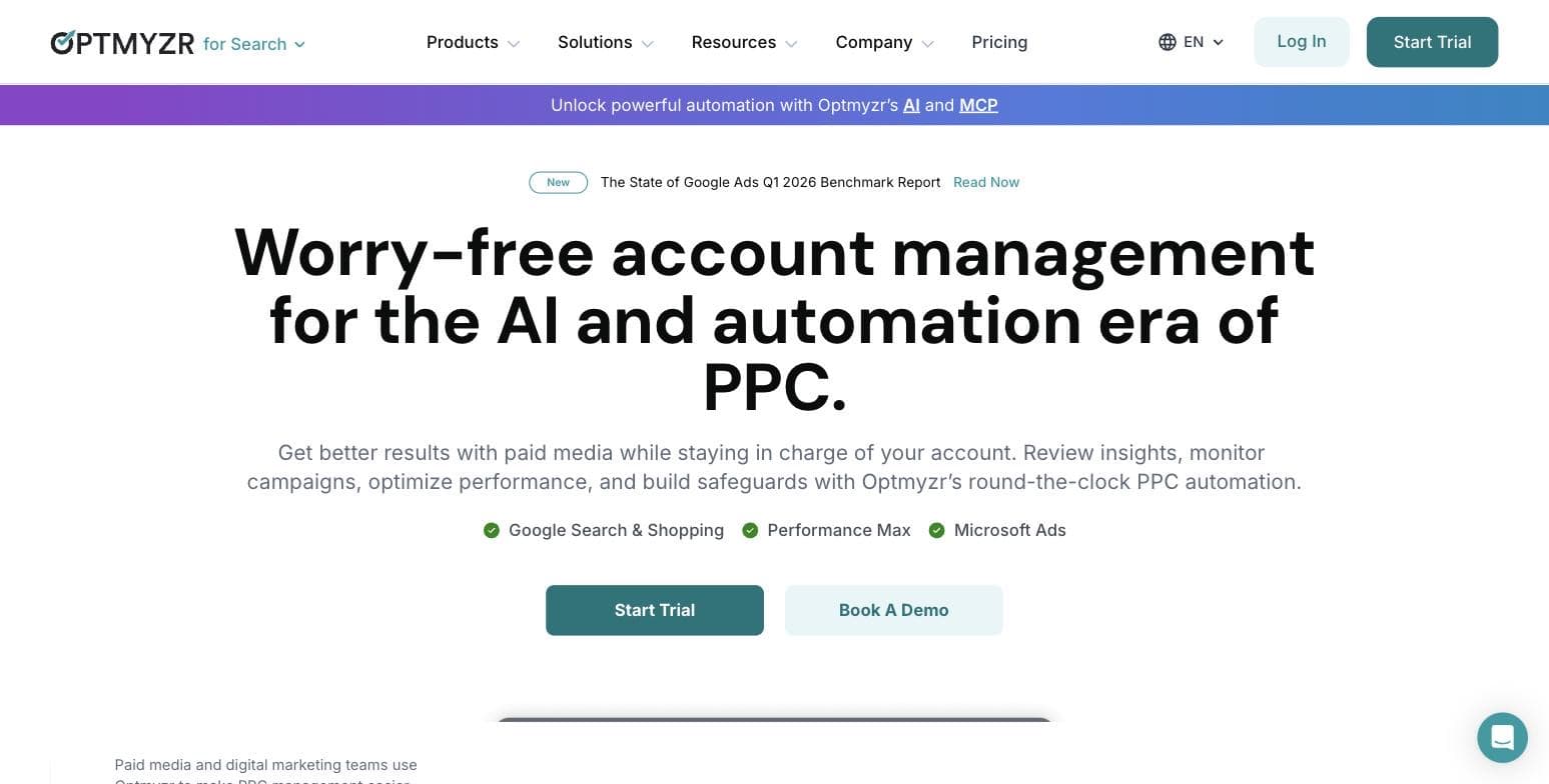 Optmyzr public homepage describing PPC account management automation for Google and Microsoft Ads