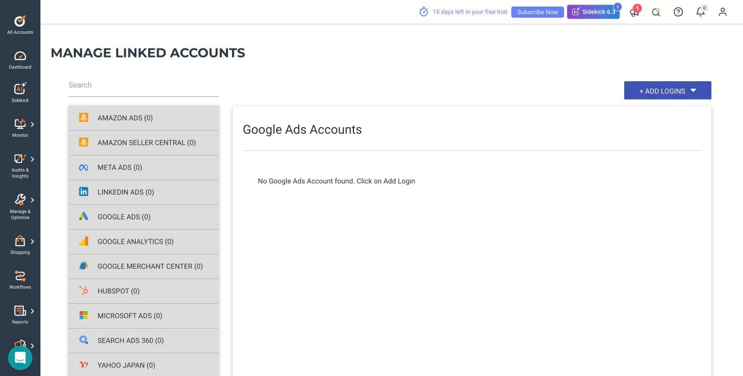Optmyzr Manage Linked Accounts screen listing eleven supported platforms including Amazon, Meta, LinkedIn, Google, Microsoft and Search Ads 360