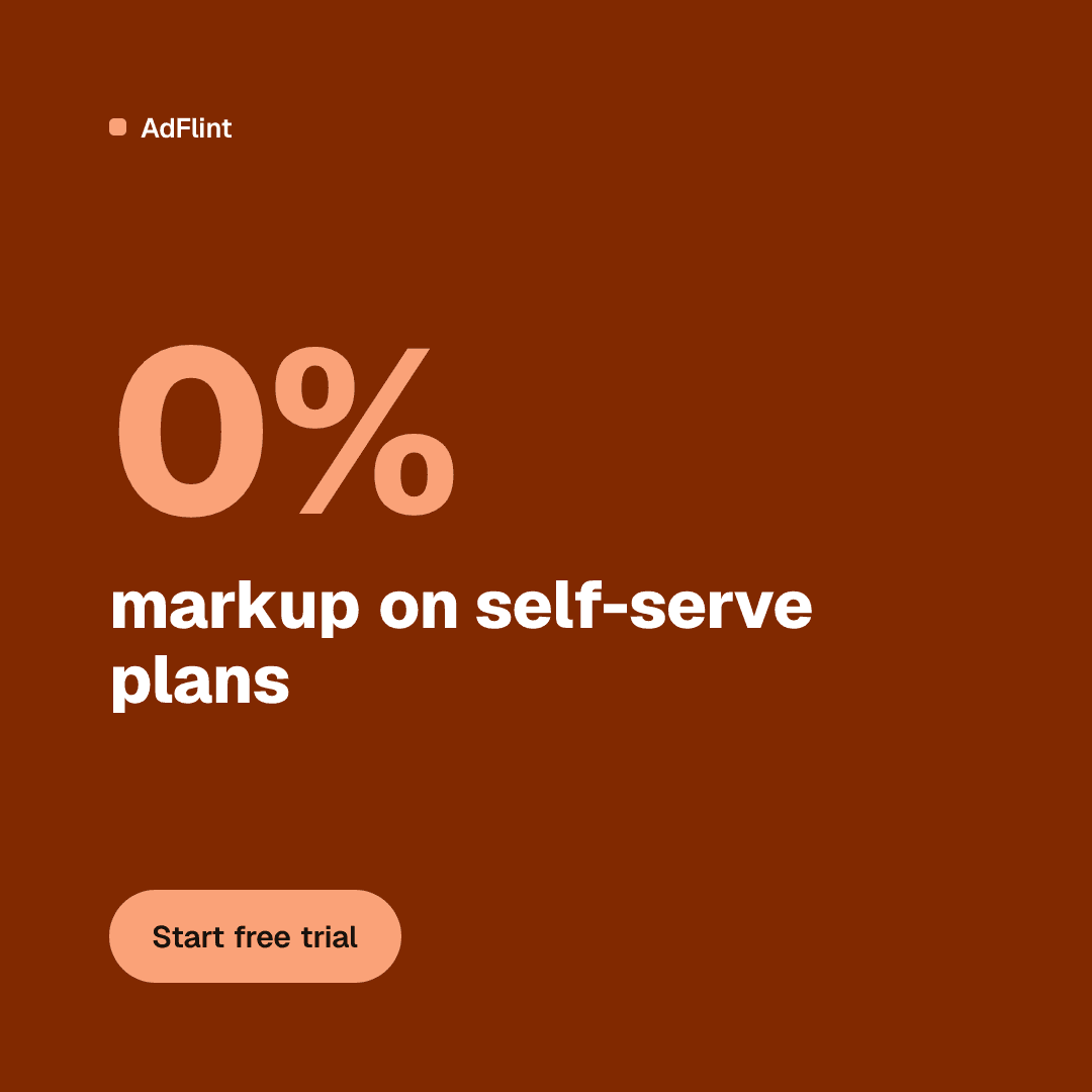 AdFlint feed ad with a giant 0% statistic above the line markup on self-serve plans, text only on the ember field