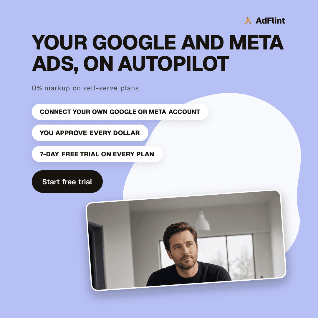 AdFlint feed ad on a light periwinkle field: the uppercase headline Your Google and Meta ads, on autopilot, three white benefit pills, a dark Start free trial pill, and a tilted white-ringed panel holding the AI-photographed scene
