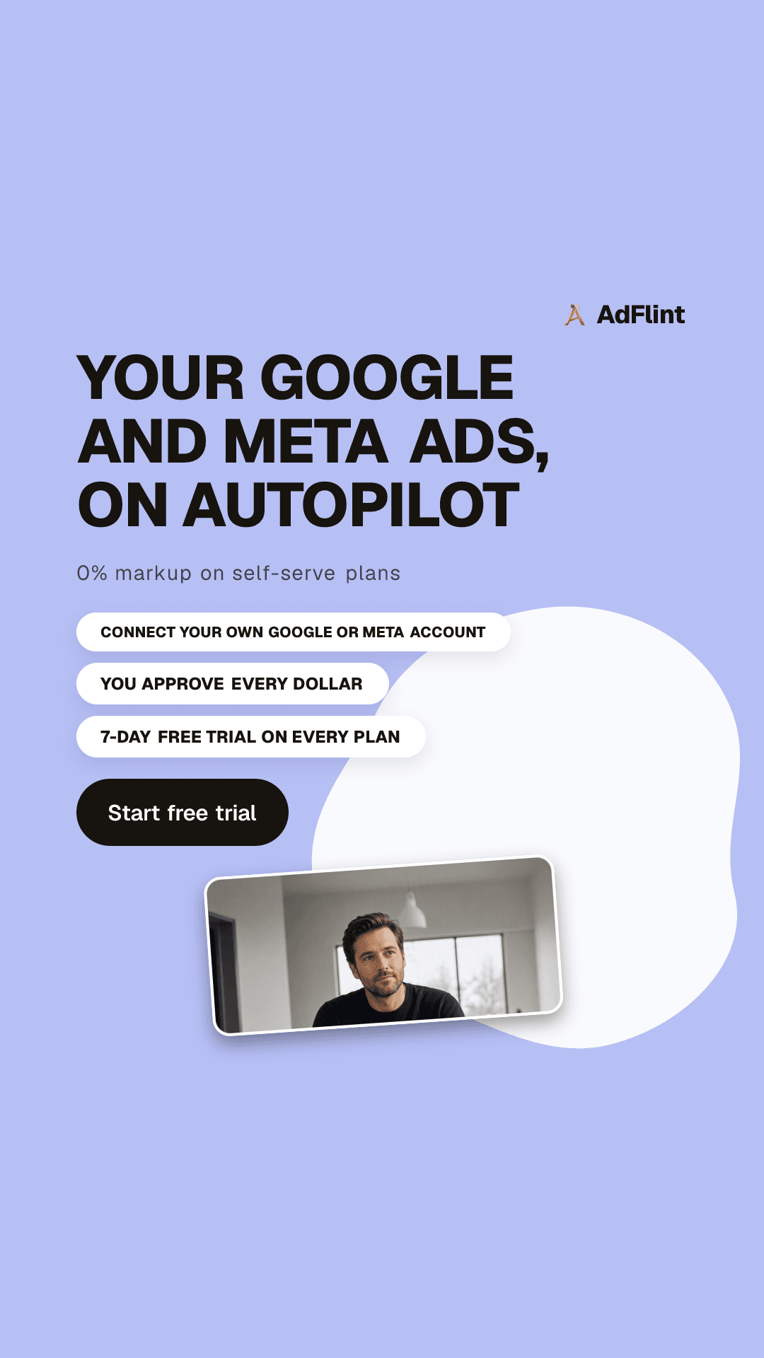 Vertical 9:16 AdFlint Stories ad: the same benefit-board — uppercase headline, white pills, and the tilted scene panel — recomposed inside platform safe zones