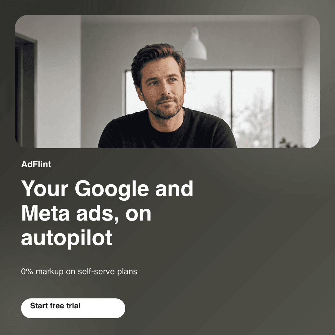 Finished square feed ad: the photographed scene cropped into a panel with the AdFlint headline, supporting line, and Start free trial button typeset beneath it