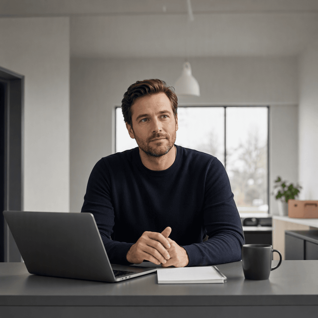 The raw AI-photographed scene: a business owner at a desk with a laptop in a calm modern room, diffused overhead light, no text anywhere in the image