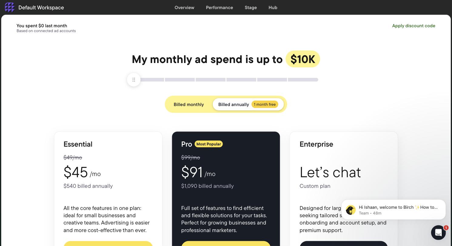 Birch in-app pricing at the up-to-$10,000 monthly ad spend tier showing Essential at $49 and Pro at $99