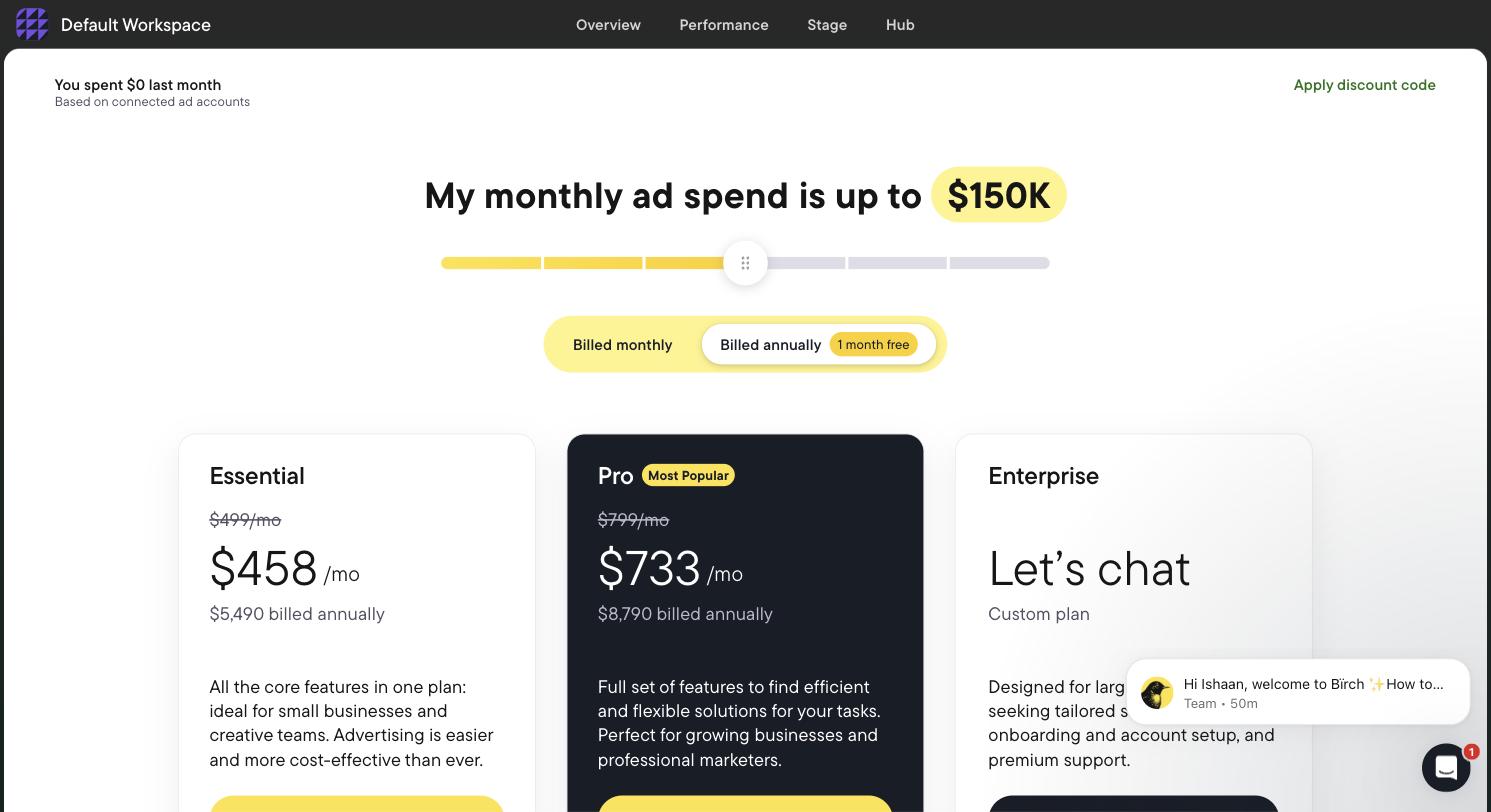 Birch in-app pricing at the up-to-$150,000 monthly ad spend tier showing Essential at $499 and Pro at $799