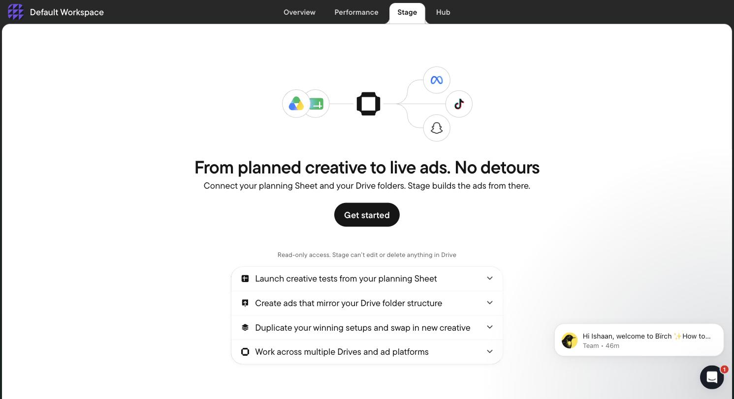 Birch Stage connecting a Google Sheet and Drive folder to launch ads in bulk