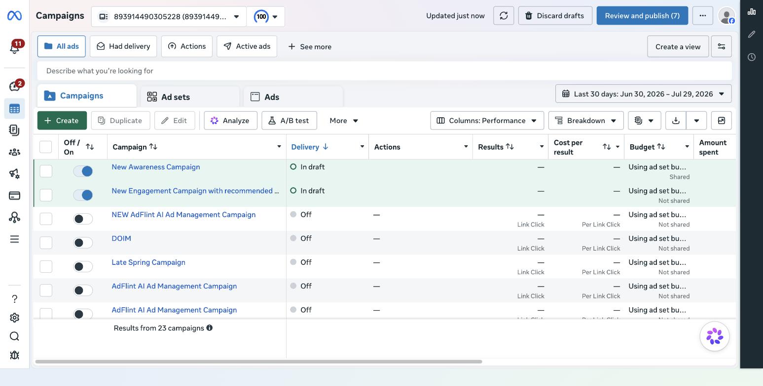 Meta Ads Manager campaign table showing the delivery and results columns