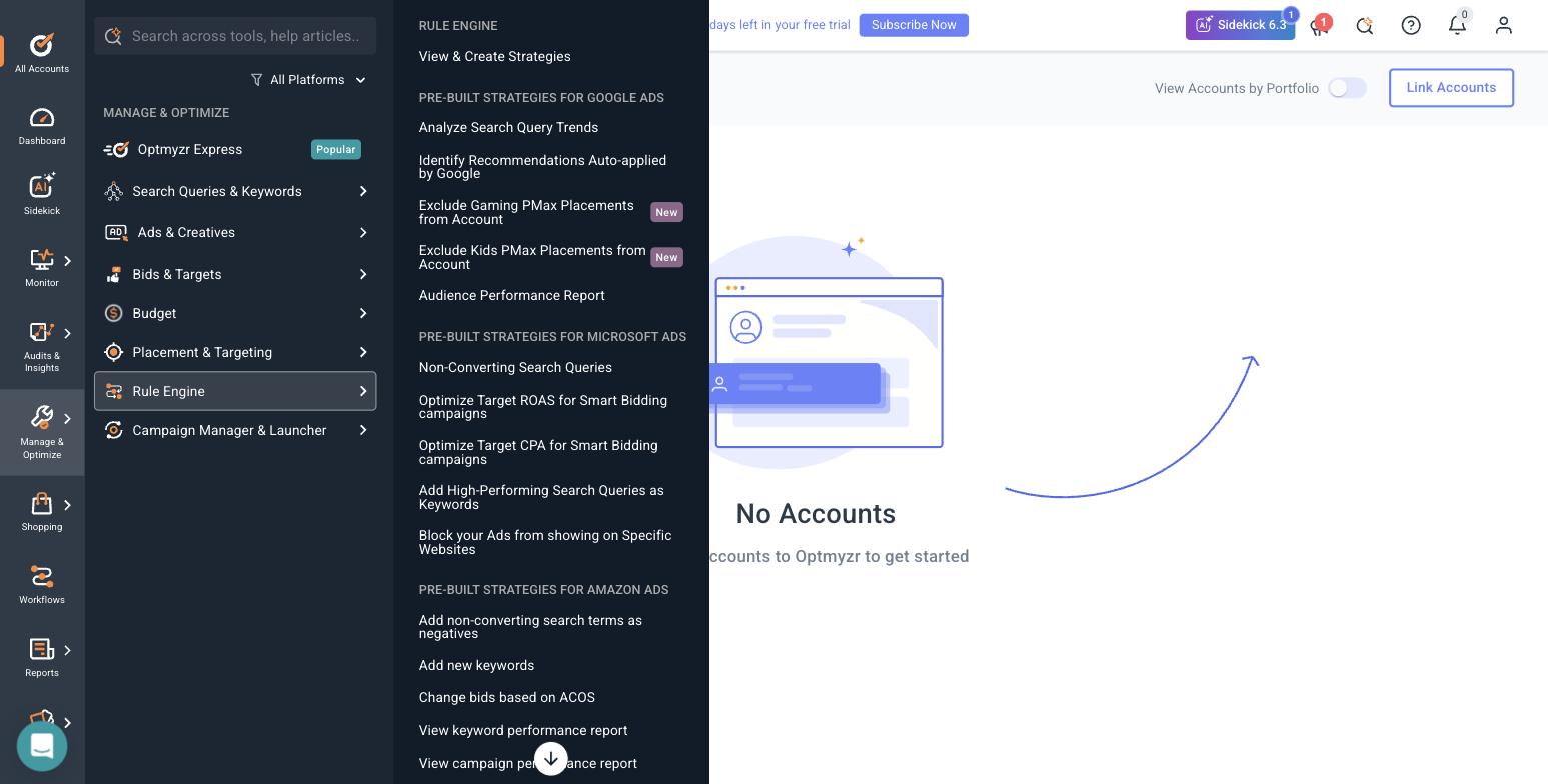 Optmyzr Rule Engine showing pre-built optimization strategies across Google, Microsoft and Amazon Ads