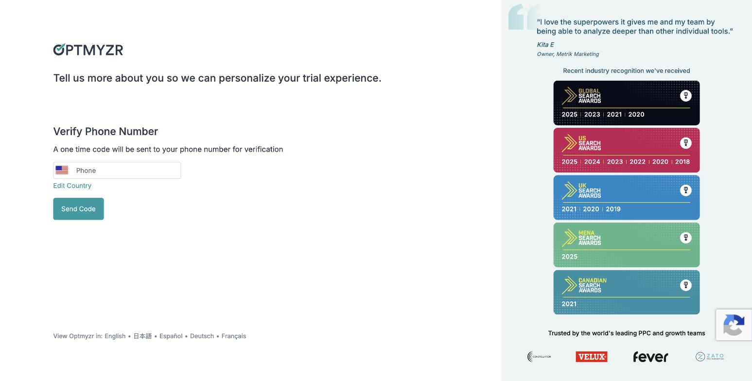 Optmyzr Verify Phone Number screen during signup, with no option to skip